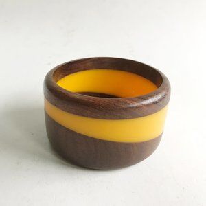 Vintage Mustard Yellow Resin and Brown Wood MCM Wide Bangle Bracelet